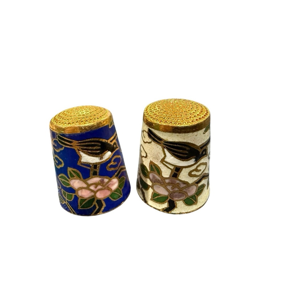 Vintage Cloisonne Enamelled Thimble with Bird Set Of 2